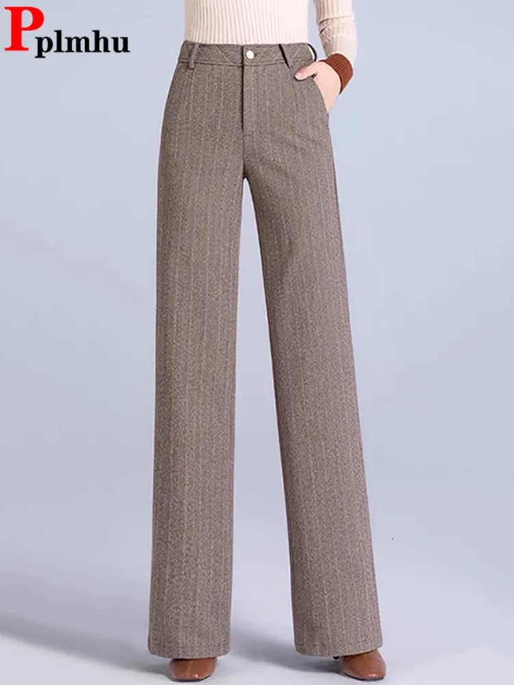 

Women Formal Woolen Baggy Straight Pants Korean Office High Waist Loose Wide Leg Pantalones Fall Winter Wool Blend Casual Calca