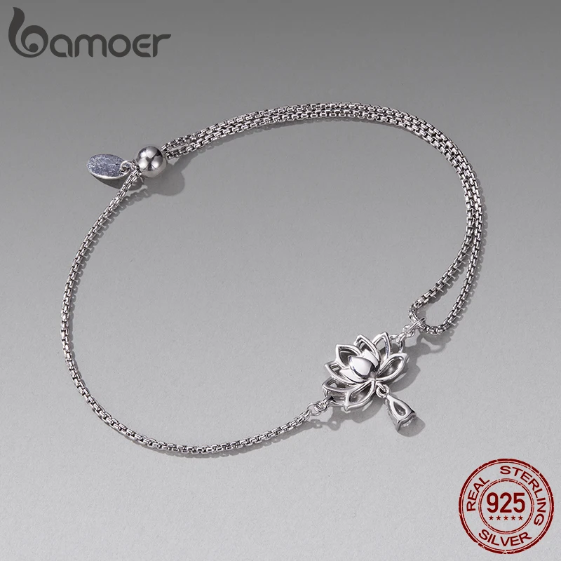 

Bamoer, регулируемый браслет-цепочка из стерлингового серебра 925 пробы с лотосом, круглые бусины без шнуровки, кулон-коробка с узлом, цепочка для женщин, декор на запястье