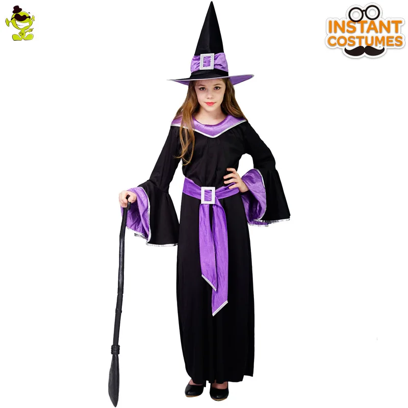 Divertido disfraz de bruja para niños, para fiestas de juegos de rol, disfraz de bruja púrpura para niña, falda, sombrero, cinturón, 3 uds., accesorios de fiesta