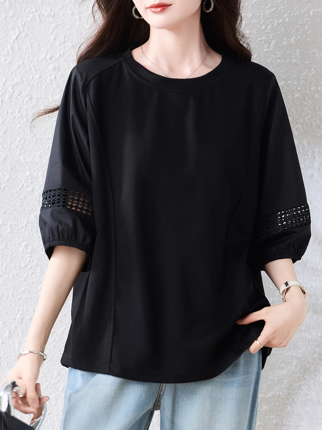 

Slimming Hollow out Splice Loose Fit round Neck Women's Shirt Korean Style Versatile Summer T-Shirt Breathable Comfortable