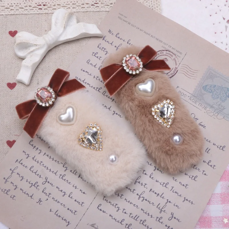 Нежная плюшевая заколка для волос Kawaii Jirai Kei, заколка для волос в японском стиле, милые женские заколки со стразами в стиле Лолиты, аксессуары для девочек