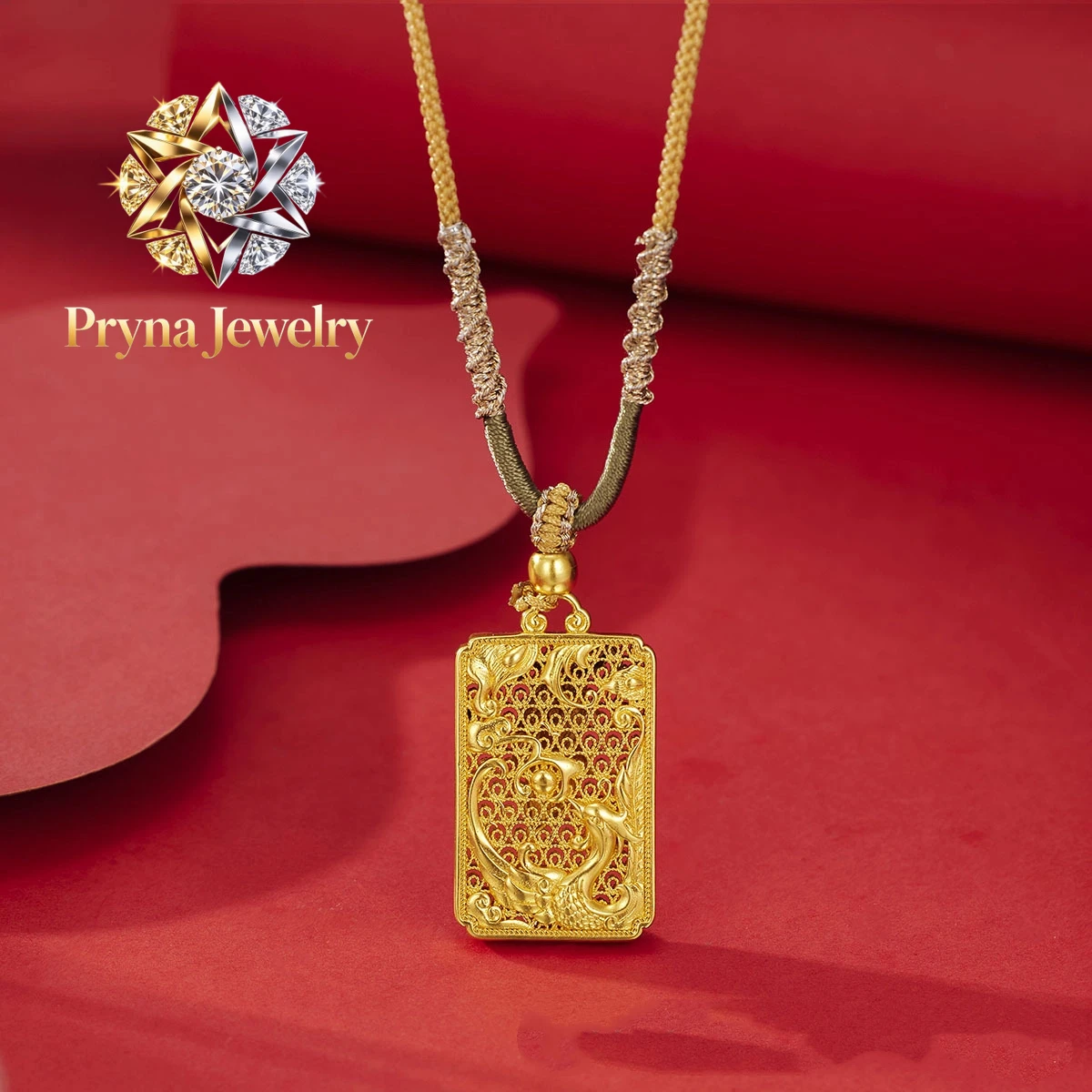 Pryna Jewelry   Gold store 24K real gold dragon and phoenix pendant phoenix brand au9999 pure gold rope couple necklace