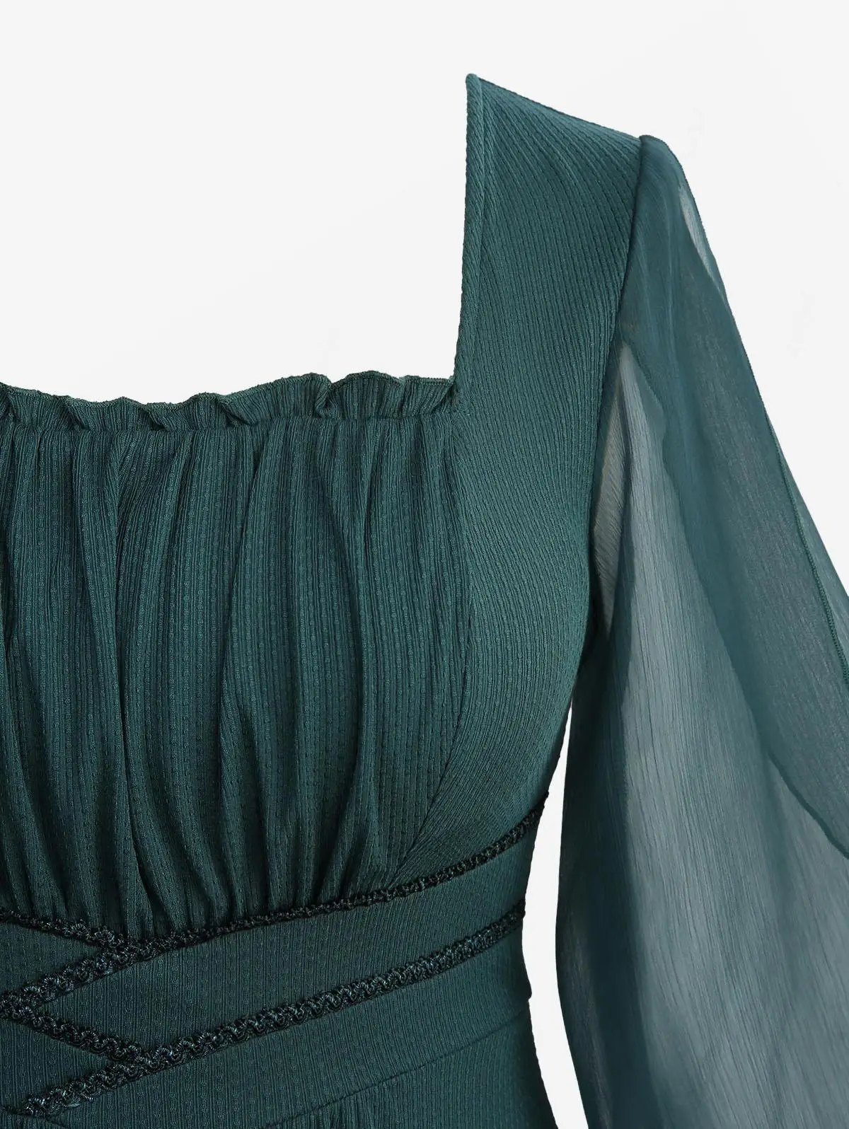 Neue Tiefgrüne Kleider Für Frauen Geraffte Rüschen Panel Sheer Mesh Flare Ärmeln Strukturierte High Low Kleid Herbst Maxi Vestidos