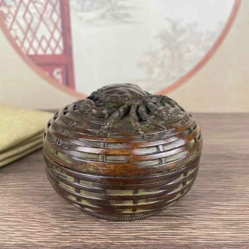 Retro Bronze Basket Shape Crab Lid Incense Burner Hollow Metal Vintage Oriental Decor Collectible Censer