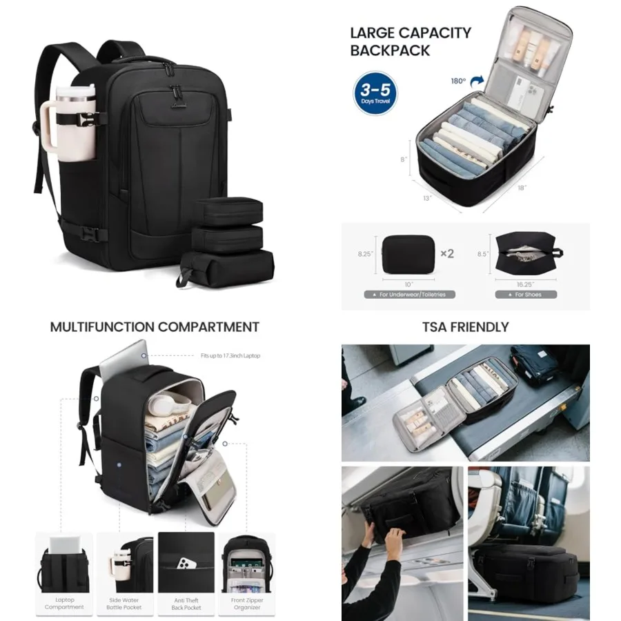 

Travel Backpack for Men Women, 40L Carry on Backpack Flight Approved with 3 Packing Cubes, Extra Large Personal Item Bag Fits 1