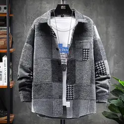 Streetwear Men's Square Necked Plaid Shirt Spring Autumn New Youth Trend Spliced Pockets Long Sleeve Loose Button Casual Coat