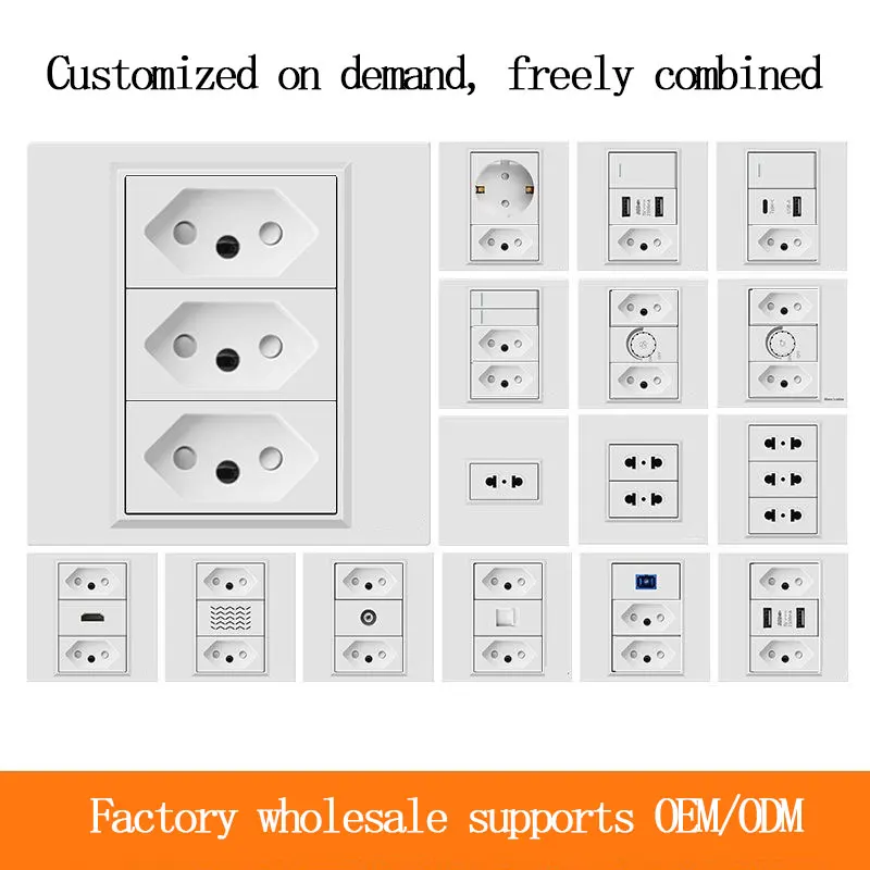 86-Style Brazilian Socket Free Combination 1/2/3Gang Switch with USB TYPEC Charging EU FR  TV Phone satellite Computer