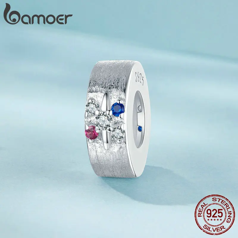 BAMOER 925 Sterling Silver Starry Stopper Charm with Silicone for Original Bracelet or Bangle Jewelry Make Pendant SCC2858