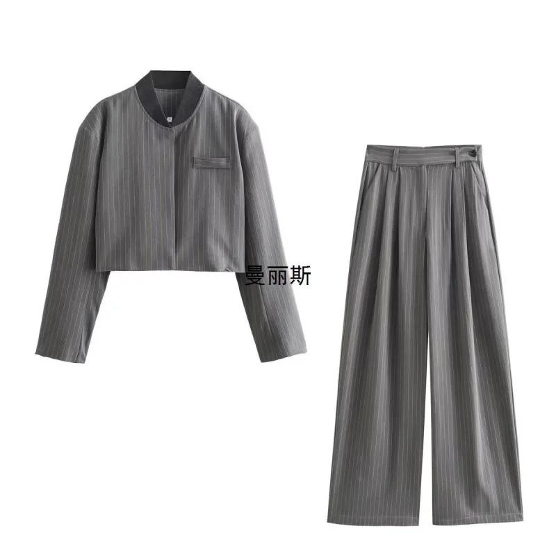 

Европейский и американский стиль2025Женская свободная повседневная куртка в полоску с длинными рукавами и широкими брюками с высокой талией, комплект
