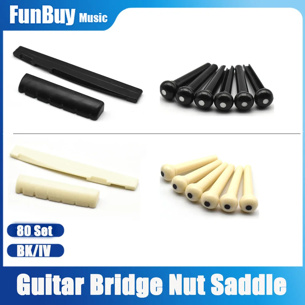 

80 Set 6 String Plastic Acoustic Guitar Bridge Nut/Saddle + Slotted Bridge Pin with Dots ABS Plastic Guitar Parts Accessories