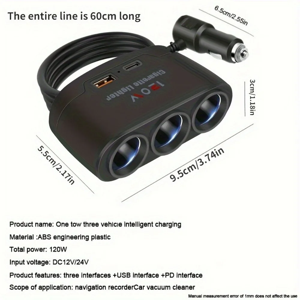 Carregador de celular para carro 120W 3 em 1 com carregamento rápido, adaptador para acendedor de cigarros, plugue de carregamento rápido, adaptador de energia para celular para DVR automotivo GP