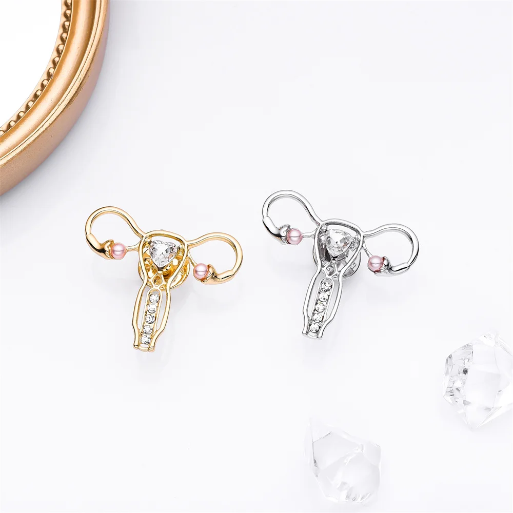 Harong Uterus Silver Plated Metal Pin Luxurious Inlay Crystal Pearl Medical Gynecological Lapel Brooch Doctor Nurse Jewelry