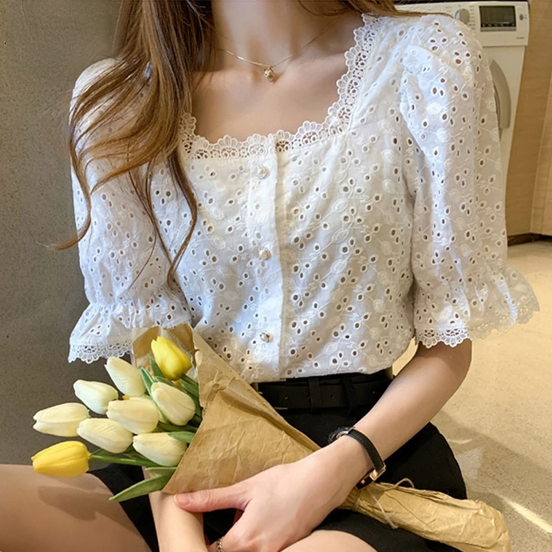 여성용 반팔 셔츠, 흰색 블라우스, 우아한 스퀘어 칼라, 할로우 아웃, 한국 레이스 셔츠, 패션 13934, 여름 2023 