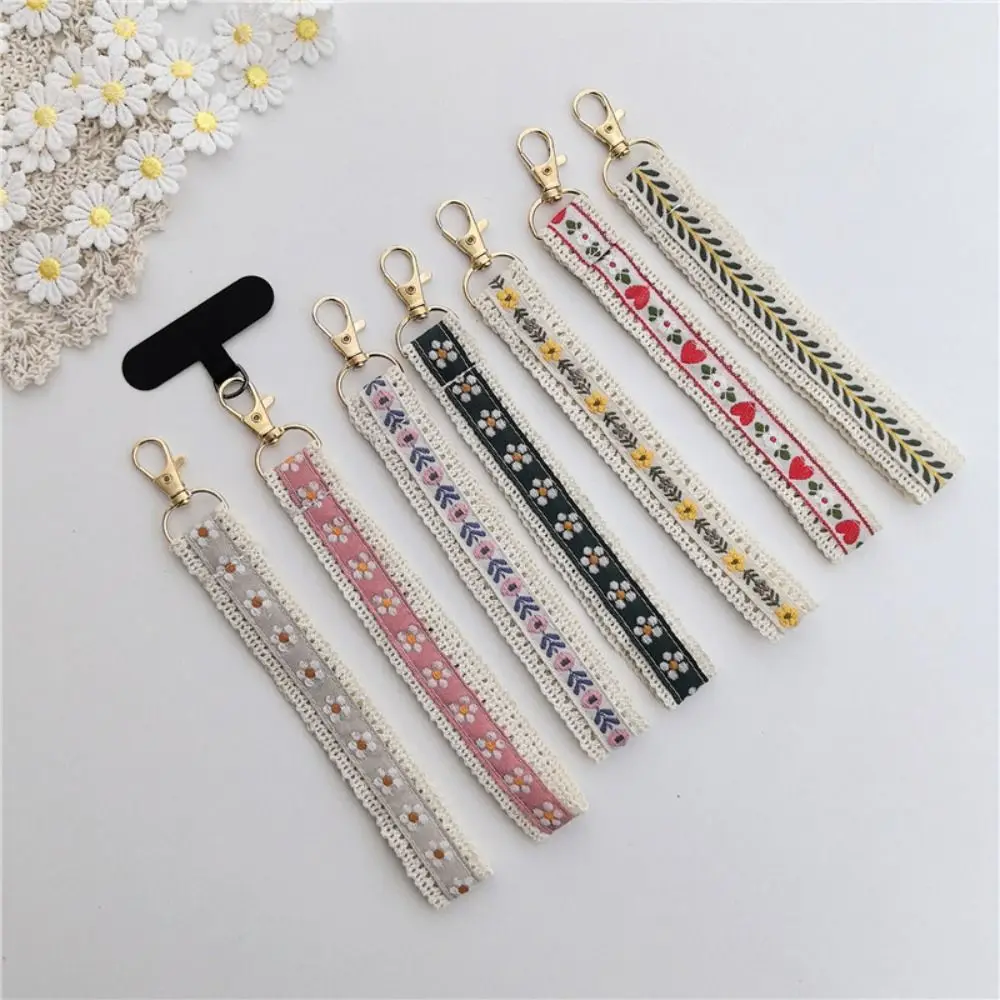 Sweet Anti-Lost Lace Wrist Strap Cloth Colourful Flower Keychain Ethnic Style Exquisite Trinket Bag Braided Rope Bag Accessories