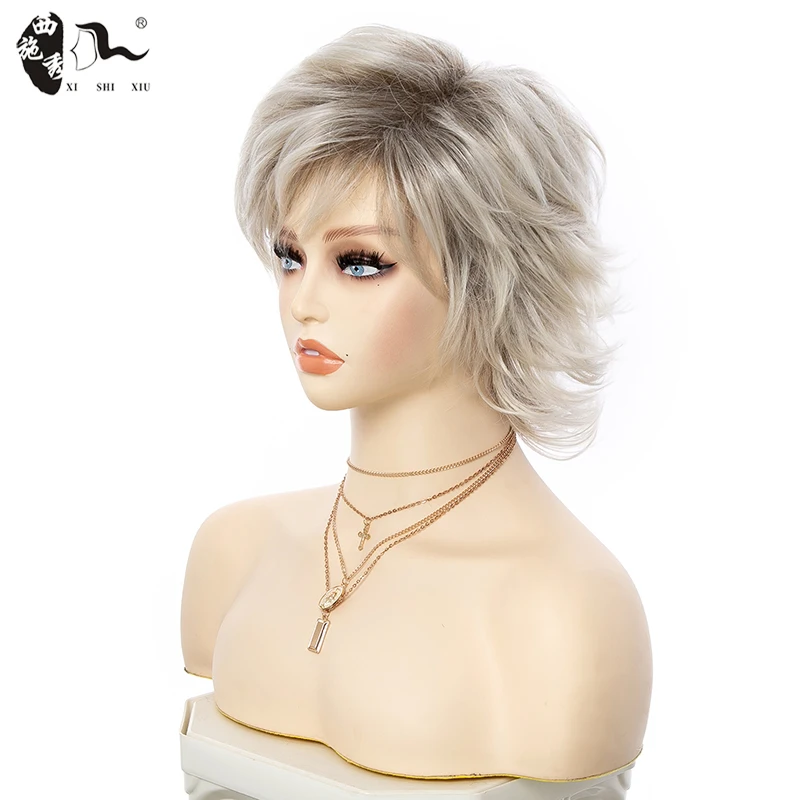 Mixed Blonde Short Natural Hair Synthetic Wig For Women Wavy Femail Hair Wig With Bangs High Temperature Daily Cosplay Daily Wig