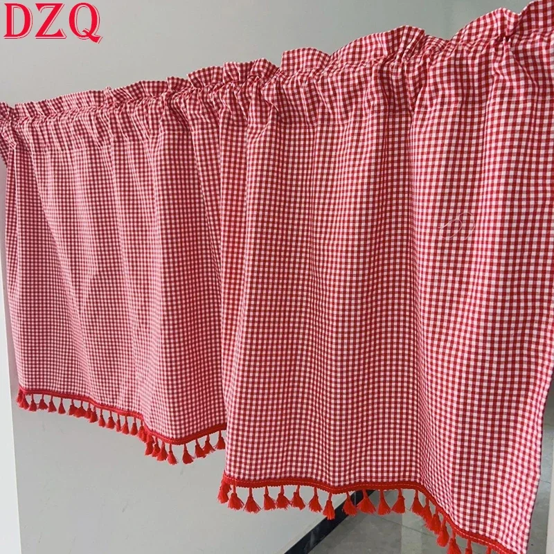 

South Korea Red Plaid Short Curtains for Kitchen Japanese Bottom Balls Half Curtain Cloth for Living Room #A411