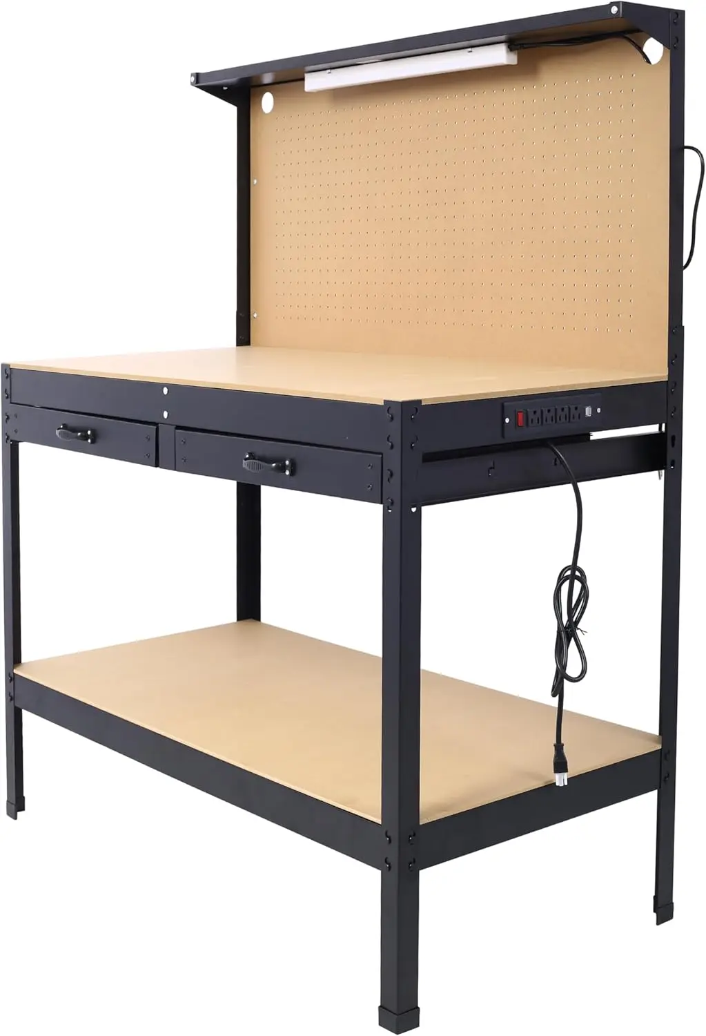 Workbench with Power Outlets and LED Light - Heavy-Duty Steel Workbench with 4xAC Outlets 2xUSB Ports, Garage Work Bench