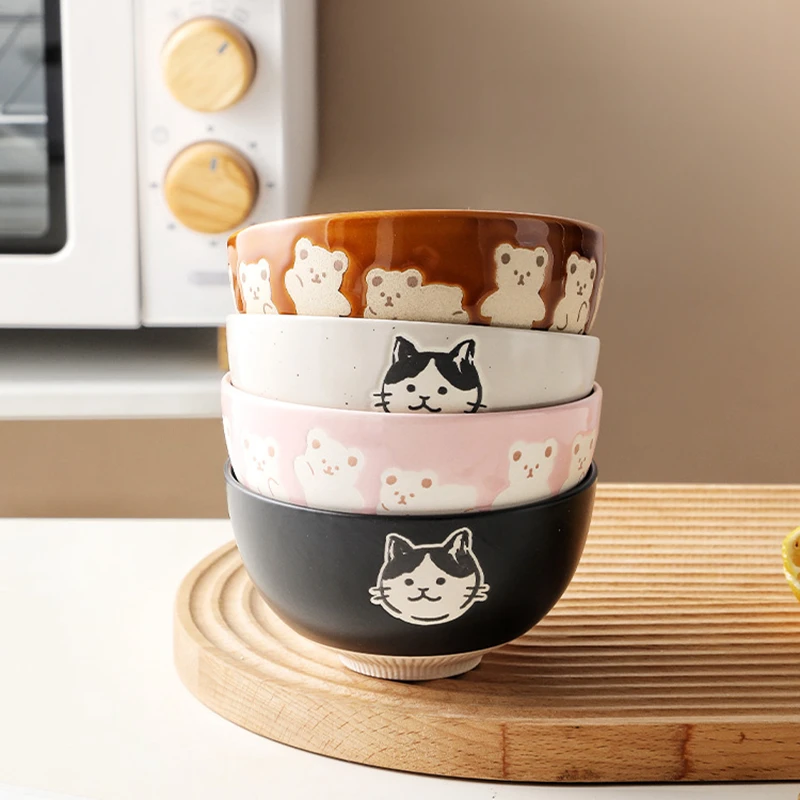 4.5 Inch Kawaii Bear Bowl Ceramic Kitten Rice Bowl Cartoon Cat Breakfast Oatmeal Milk Bowl Microwave Safe