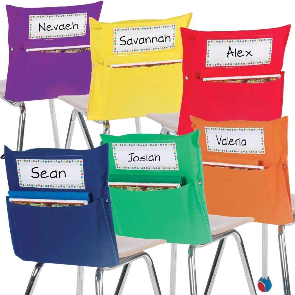 Conjunto de 12 bolsos para cadeira com mais grupos, organizador de cadeira de bolso com seis cores brilhantes do arco-íris mantém estudantes organizados, cadeira