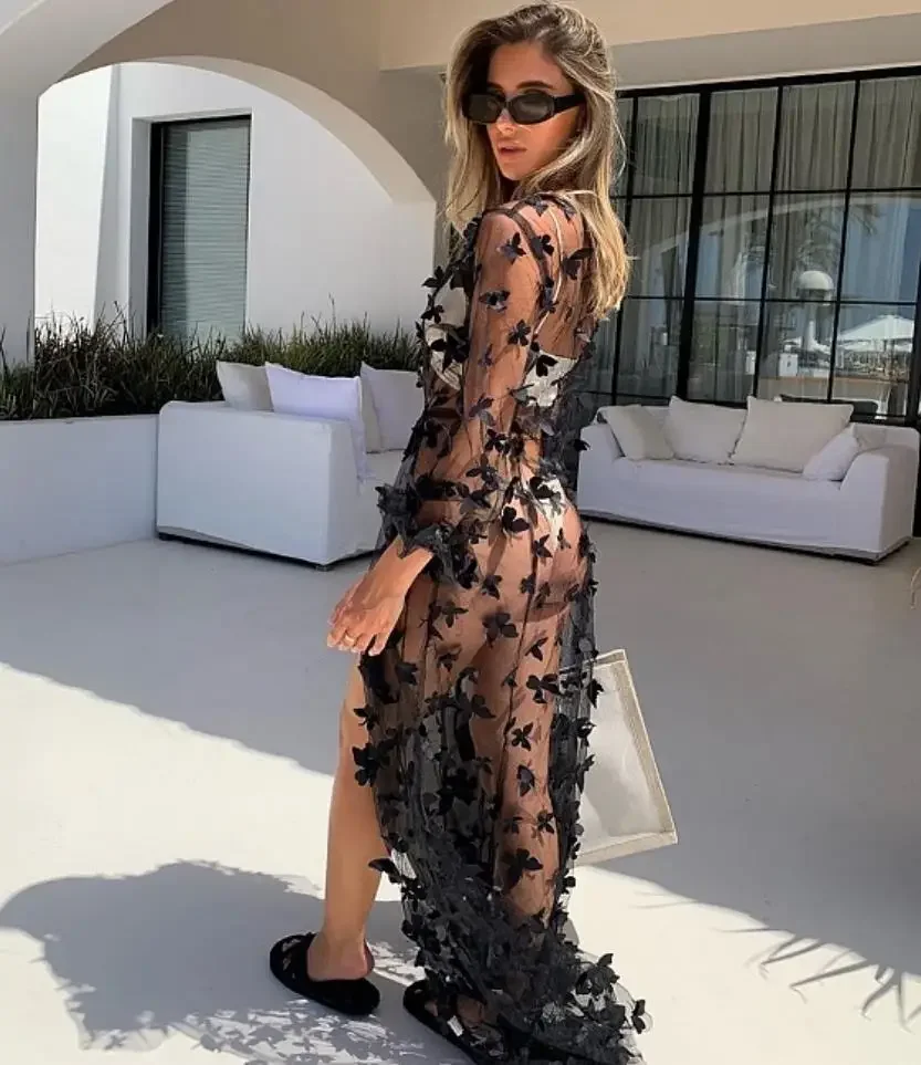 2023 Organza Beach Dress White/Black Beach Cover up Long Pareos Bikinis Cover ups Swim Cover up Robe Plage Beachwear