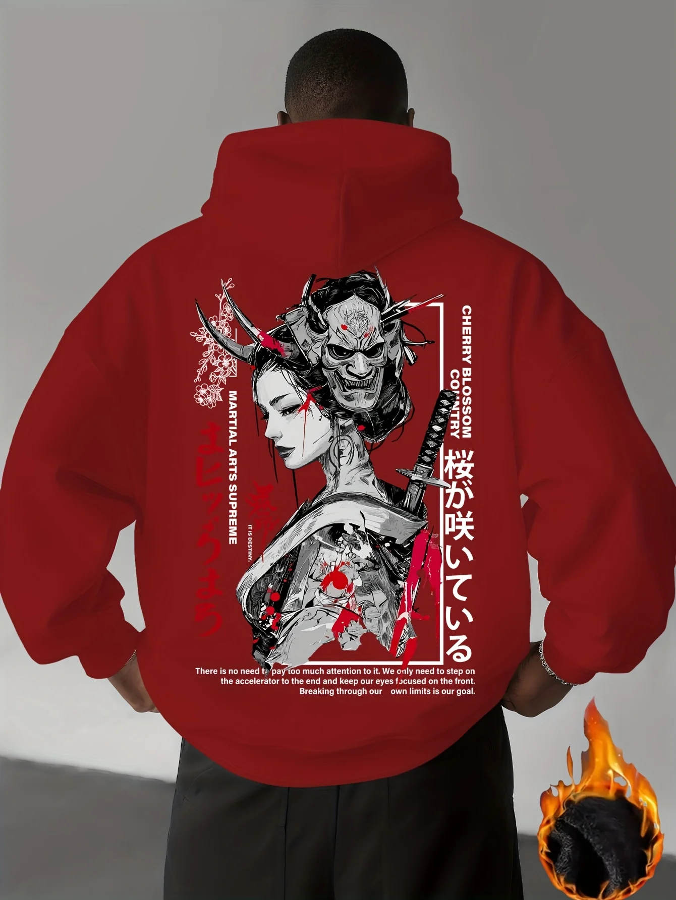 Herren-Hoodie mit japanischer Hannya Oni Samurai Geisha-Grafik, mit Fleece gefüttert, warmer Pullover, Sweatshirt, Herbst-Winter-Streetwear-Oberteil – Detail 5