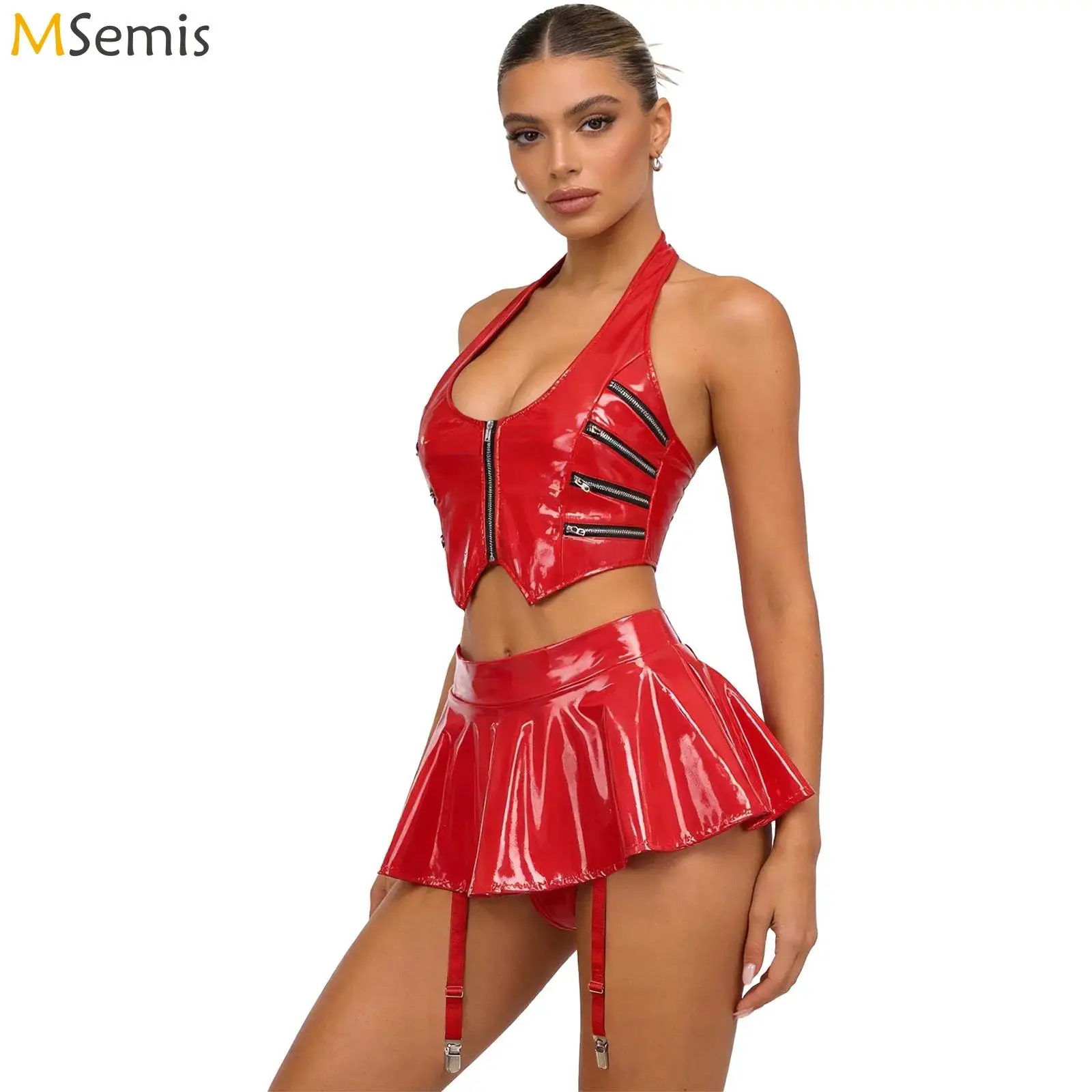 

Womens Glossy PU Leather Wet Look Clubwear Zip Halter Back Lace-up Crop Top and Built-in Briefs Miniskirt with Garter Clips Set