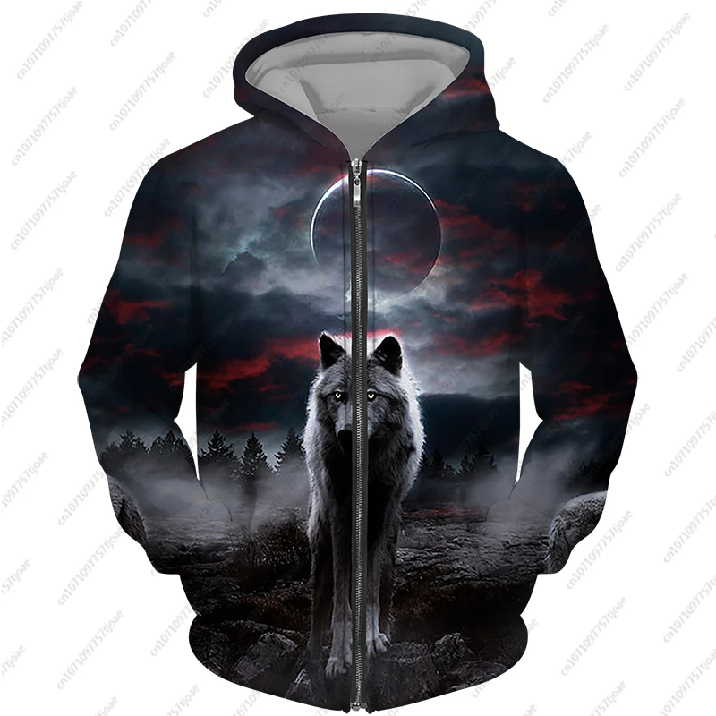 2024 New Men\'s Zipper Hoodie Wolf Fashion Jacket Animal 3D Print Pattern Sweatshirt Street Apparel Casual Clothes Men Clothing