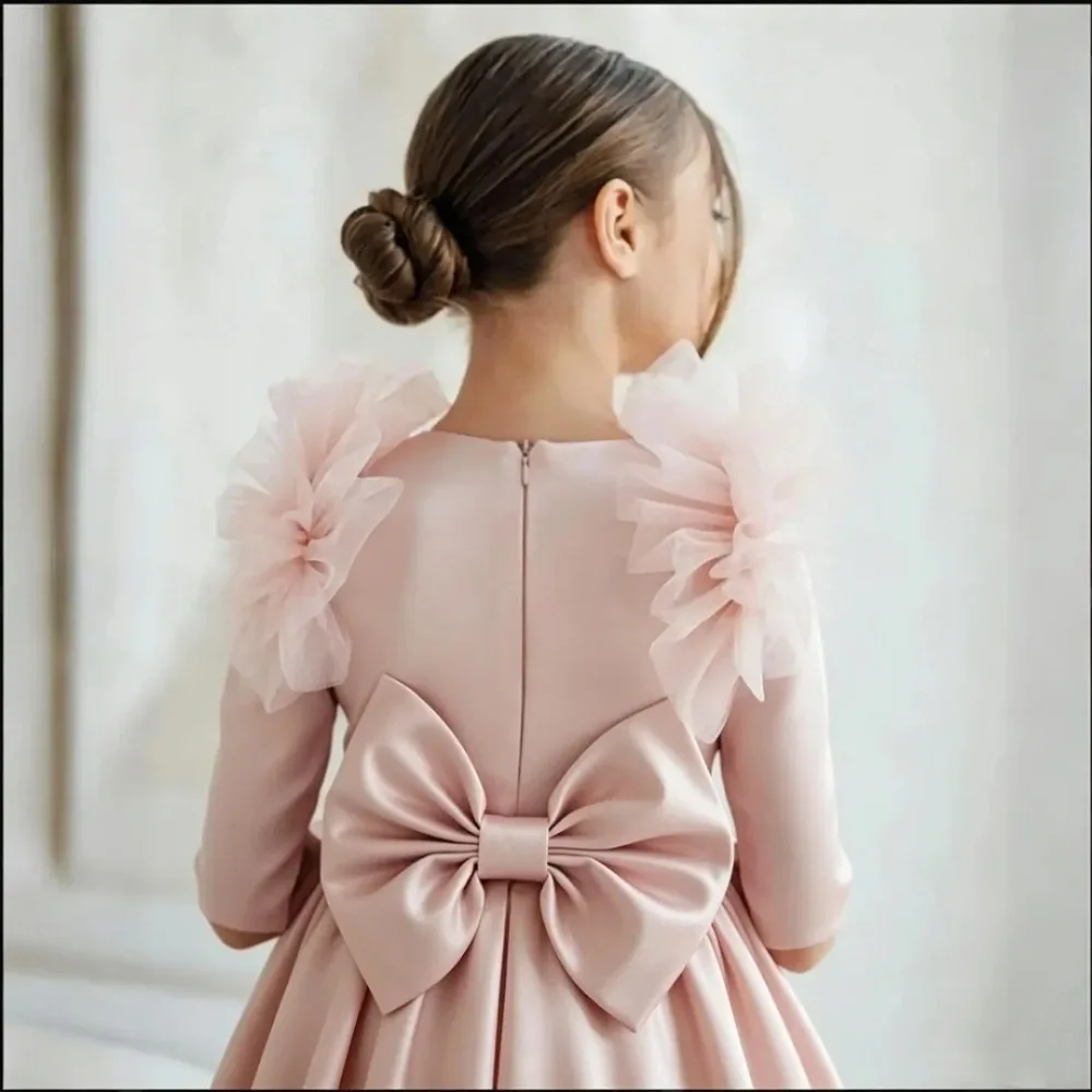 Custom Dusty Pink Satin Flower Girl Dress 3D Floral Shoulder Half Sleeve Ruffle Hem Long Gown Wedding Party Bridesmaid