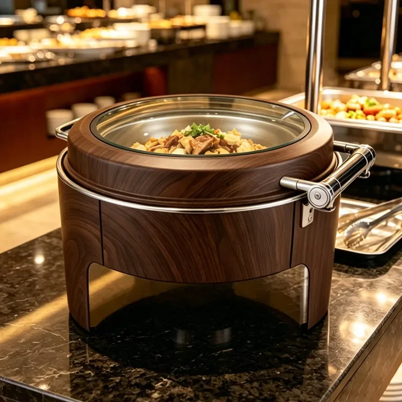 Luxury Stainless Steel Round Buffet Stove with Hydraulic Glass Cover Alcohol Fuel Food Warmer for Hotel Restaurant Catering