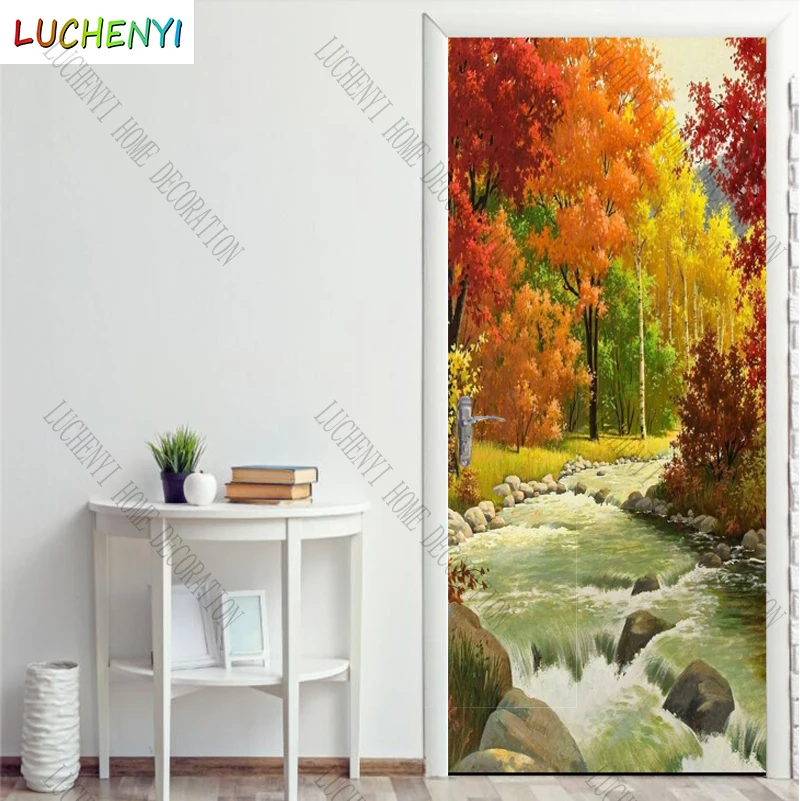 Papel de parede autumn yellow leaves trees creek stones  landscape door sticker bedroom door wallpaper mural , home decoration