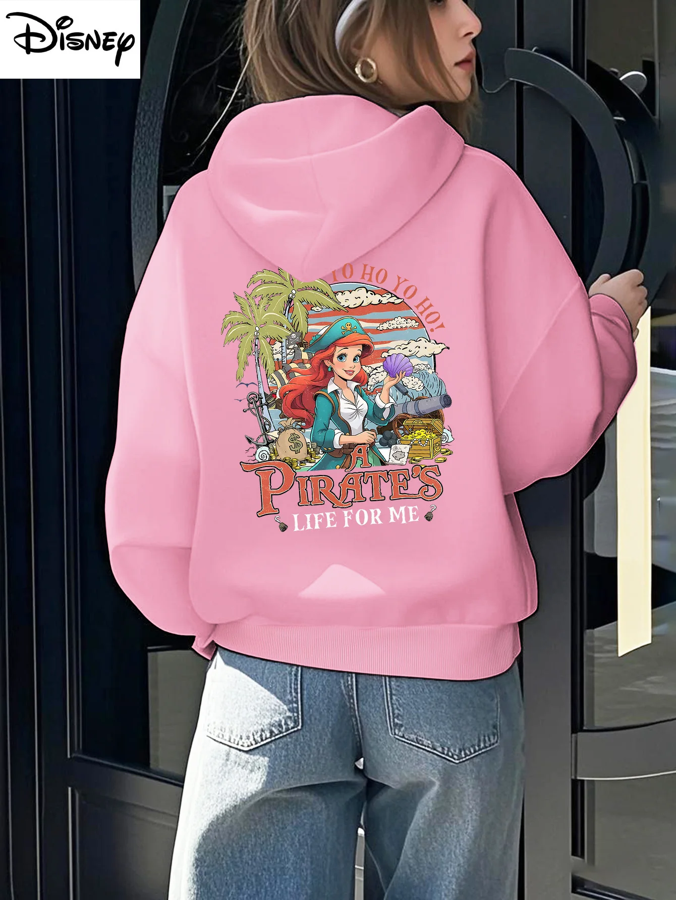 سترة نسائية من Ariel A Pirate'S Life for Me باللون الوردي مرخصة رسميًا سترة بقلنسوة رسومات استوائية مثالية للنساء #2