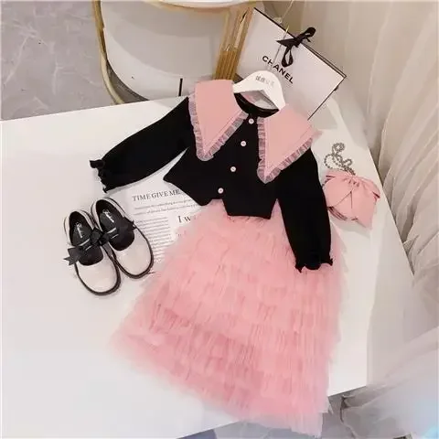 Retail New Baby Girls Spring Long Sleeve Dress Sets   Top +  Mesh Cake Skirts  Princess Fashion Suits Formal Lady   3-9 Years