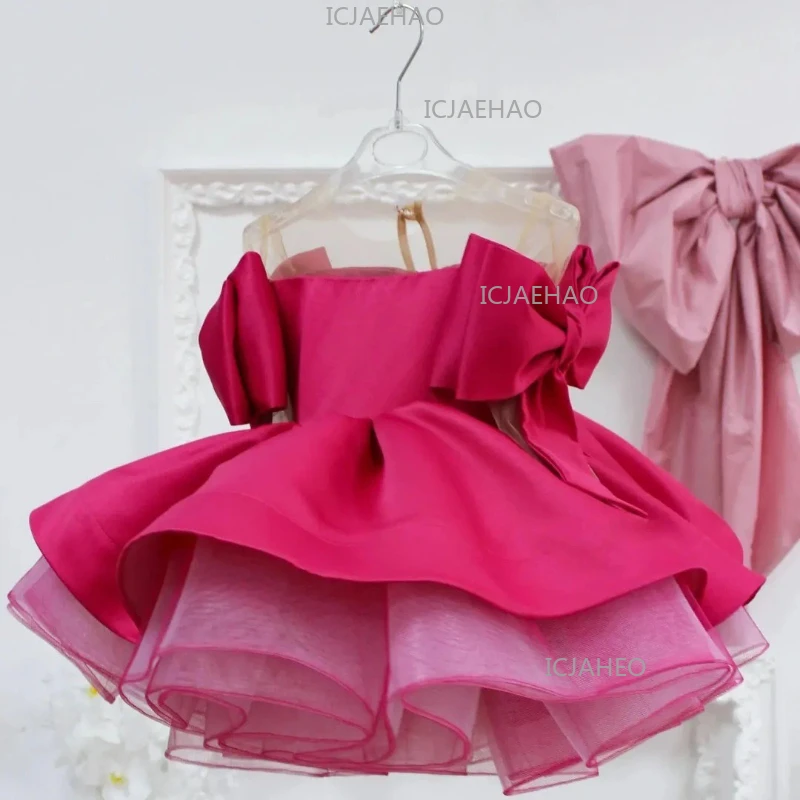 2026 Kids Girls Satin Fluffy Ribbon Birthday Girl Dress Clothes Children Simple Design Formal OutfitParty Princess Gown Flower
