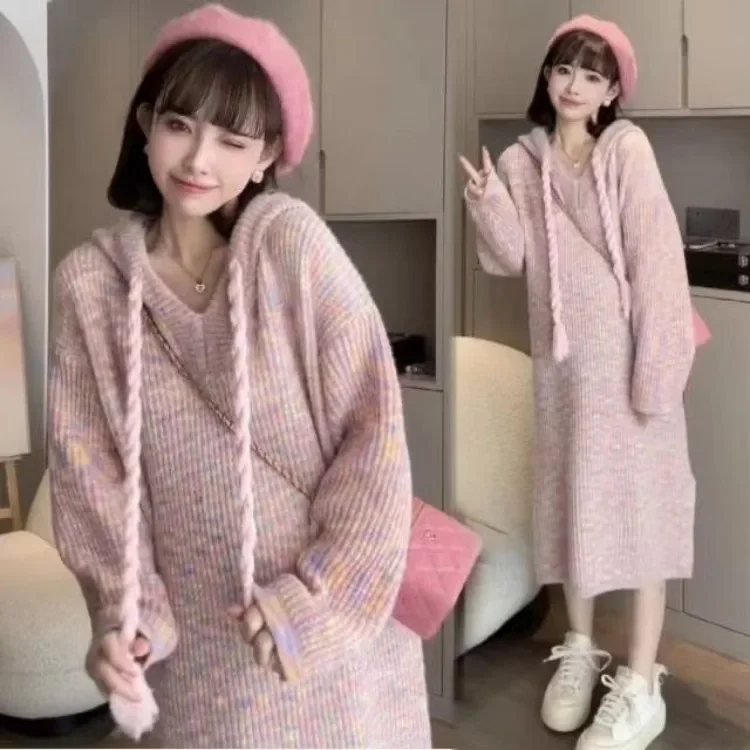 Korejepo Korea Autumn Winter Rainbow Colored Sweater Dress Women 2024 New Loose Medium Long Casual Versatile Hooded Vestido Tide