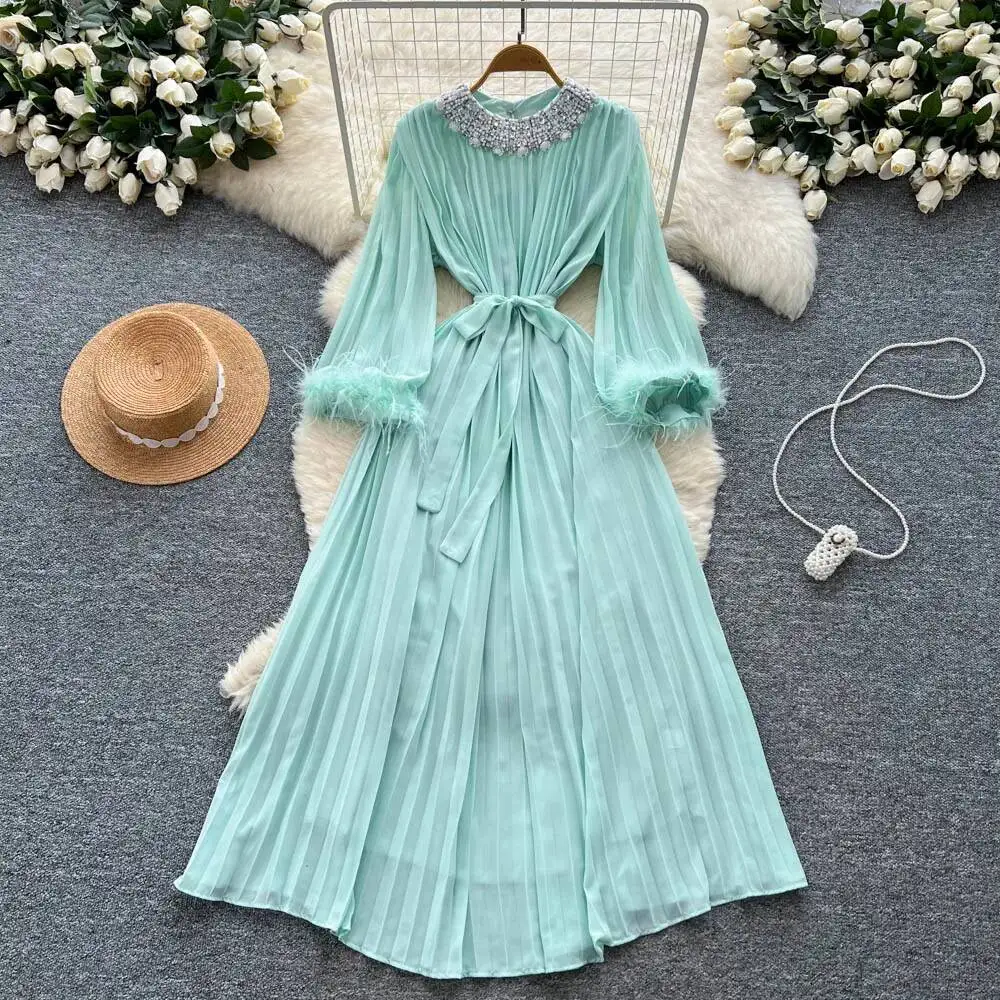 Chic vintage col rond froncé strass mince élégant fée mode coréenne Boho robe d'été femmes vêtements robe longue