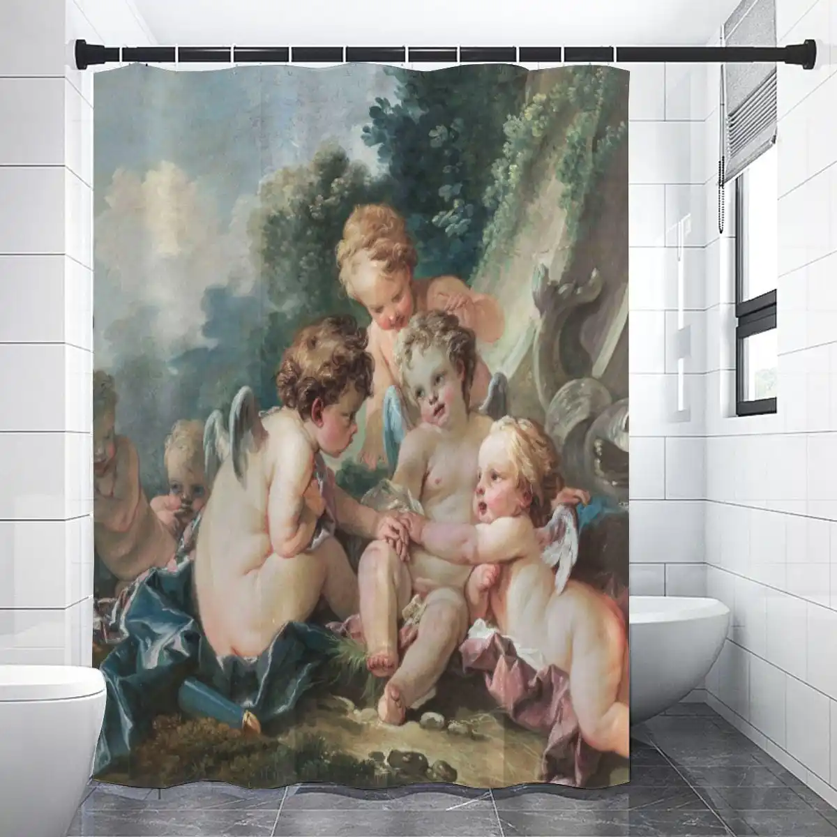 Vintage Renaissance Style Nursery Art Shower Curtain Cute Baby Group Painting Bathroom Decor Shower Curtain