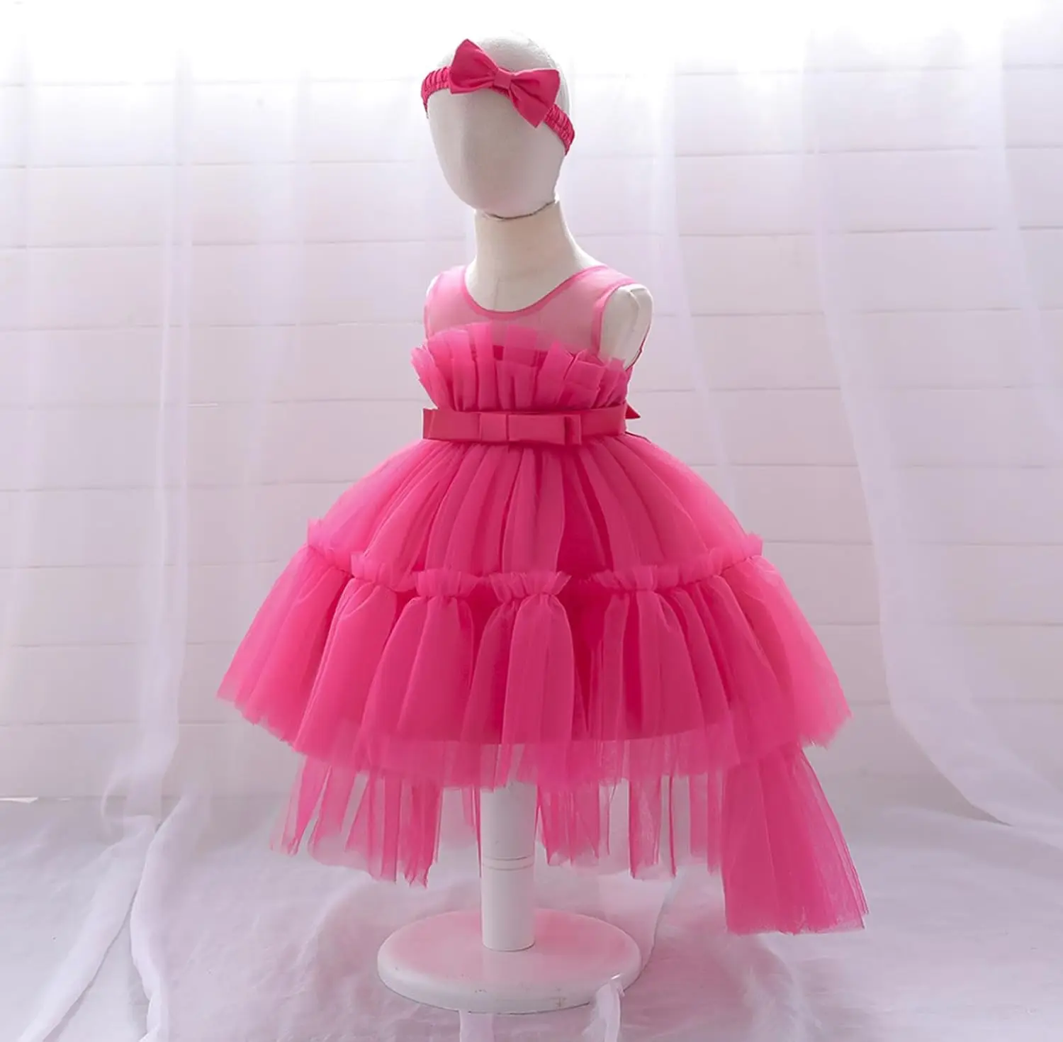 Chiffon strik pop bloemenmeisje jurk bruiloft, verjaardagsfeestje prinses schoonheidswedstrijd dansjurk, formele communiejurk voor kinderen