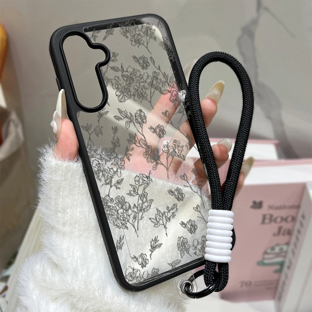 Flower Clear Phone Case For Samsung S26 Ultra S24 S25 FE S23 A56 A17 A16 A55 A54 A36 A07 A26 A57 A37 Lanyard Hard Acrylic Cover