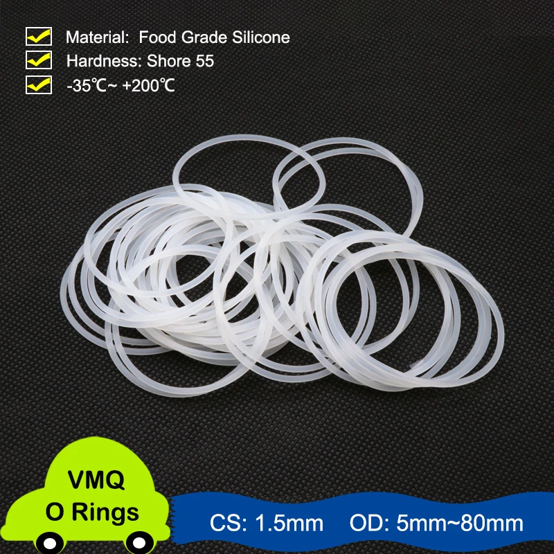 10/50Pcs White Silicon Ring Silicone O ring CS 1.5mm OD 5~80mm Food Grade Nontoxic Washer Round O Shape VMQ O Ring Seal Gaskets