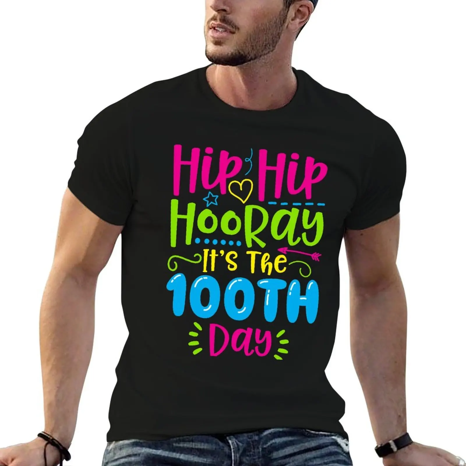 Hip Hip Hooray It's The 100th Day of School T-Shirt sports fans topping Men's cotton t-shirt
