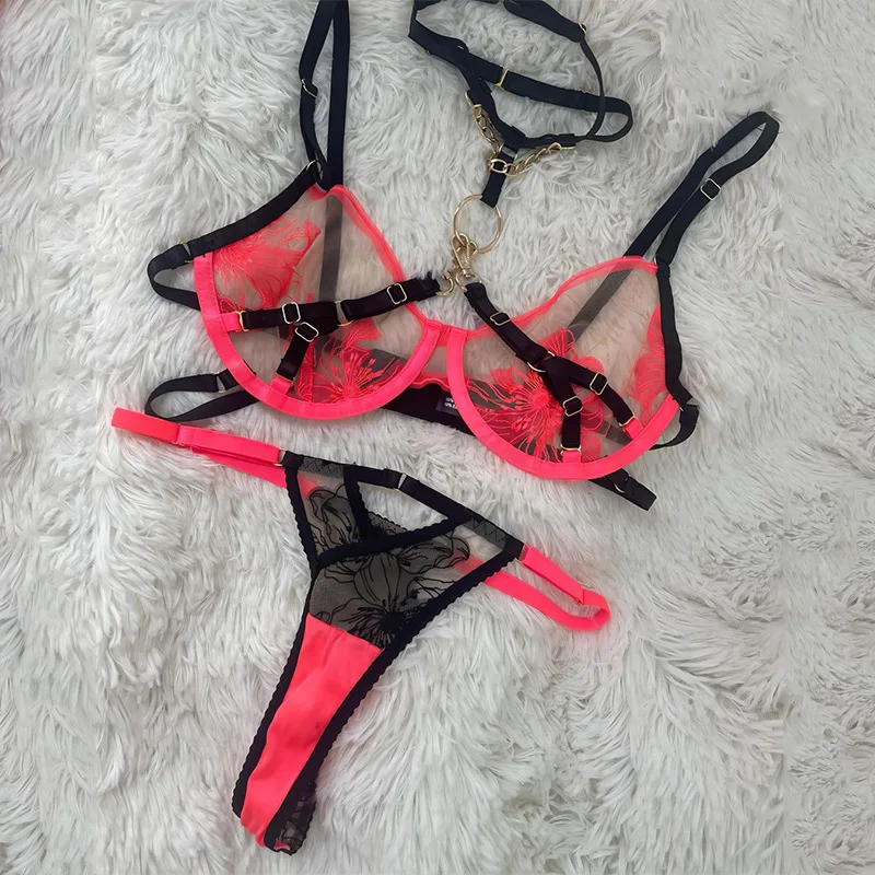 Clashing color three-dimensional embroidery underwear metal buckle hanging neck strap sexy women's set lingerie