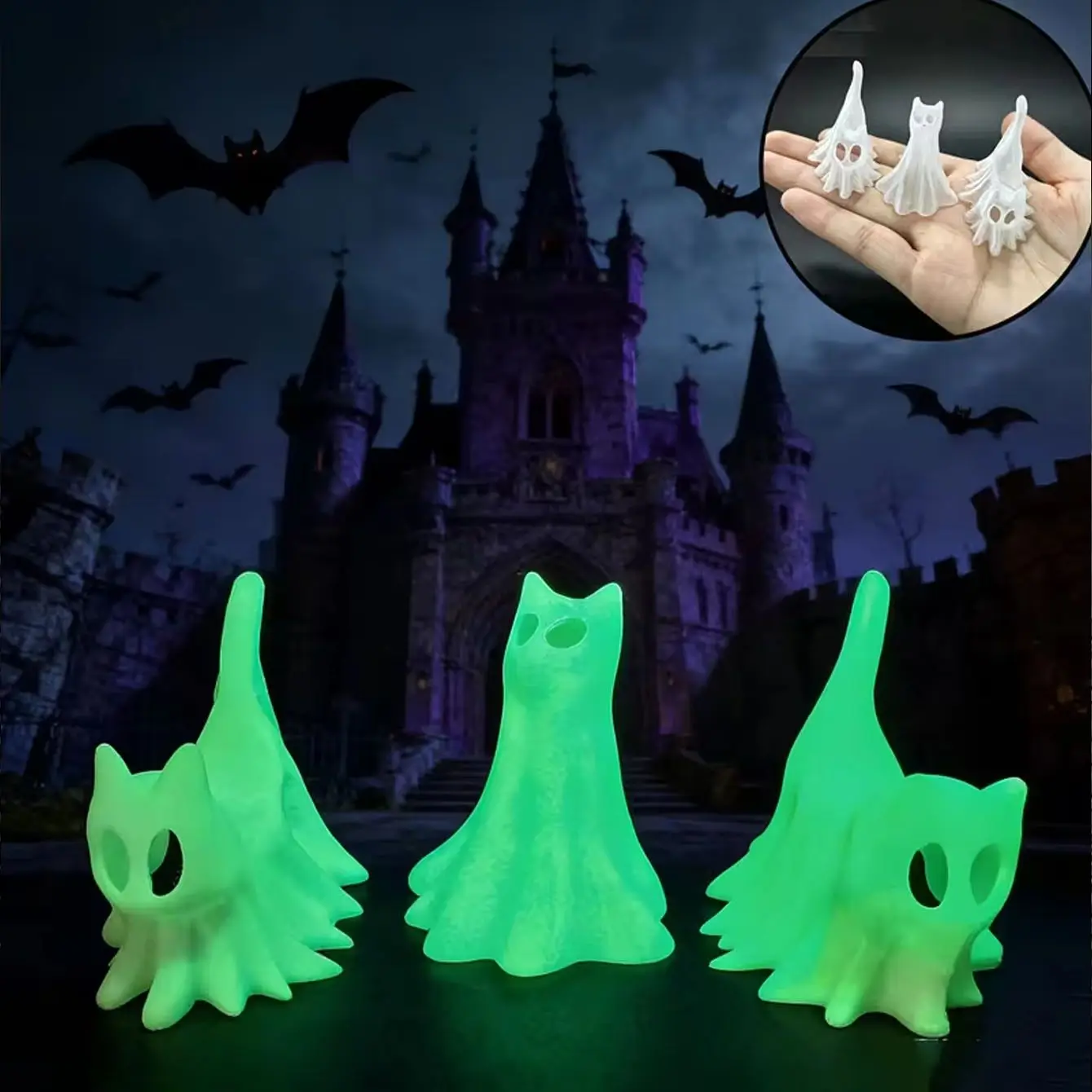 3pcs Night Light Ghost Cat Ornament - Luminous Desktop Decoration Halloween Fun Gift Bedroom Study Creative Ornament