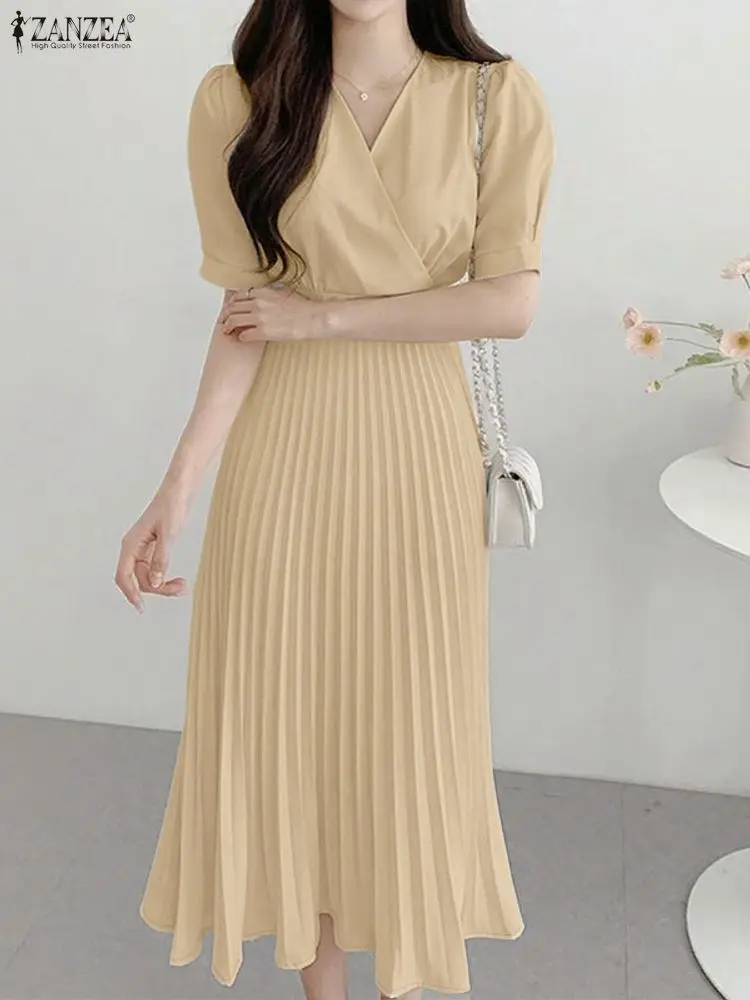 ZANZEA 2025 robes plissées élégantes femmes élégant col en V robe de soirée été robe d'été à manches courtes solide une ligne OL travail robes