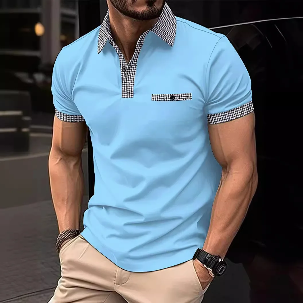 Summer Men's POLO Shirt False Pocket Lapel Button Casual Comfortable Slim Fit Patchwork Color Checkered Sports Short-Sleeved Top