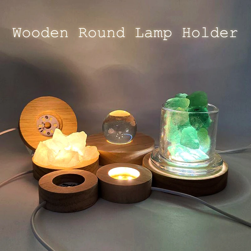 6CM Round Solid Wood LED Light Luminous Lamp Holder DIY Crystal Ball Night Light Base USB 1.5M Indoor Desktop Decoration Base
