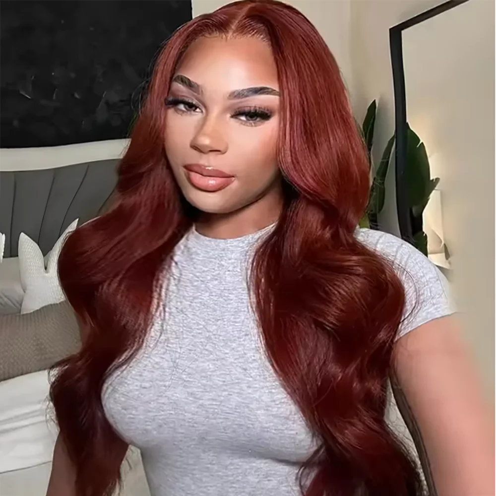 

RedIish Brown Body Wave 13x6 Lace Frontal Wigs Human Hair Red Colored Human Hair Wigs For Women 180 Density