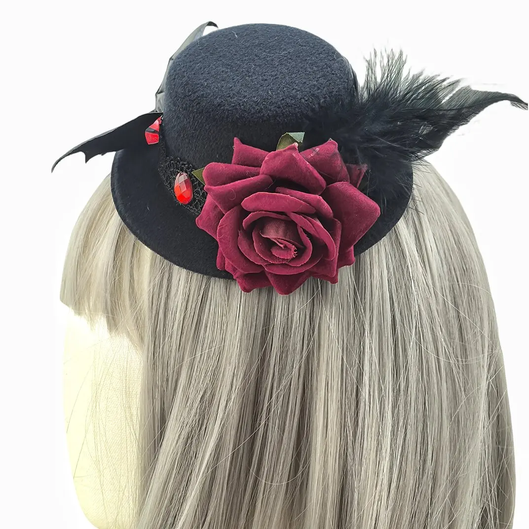 Gothic dark-themed queen bat demon with eye roses  small hat performance party accessory view 3