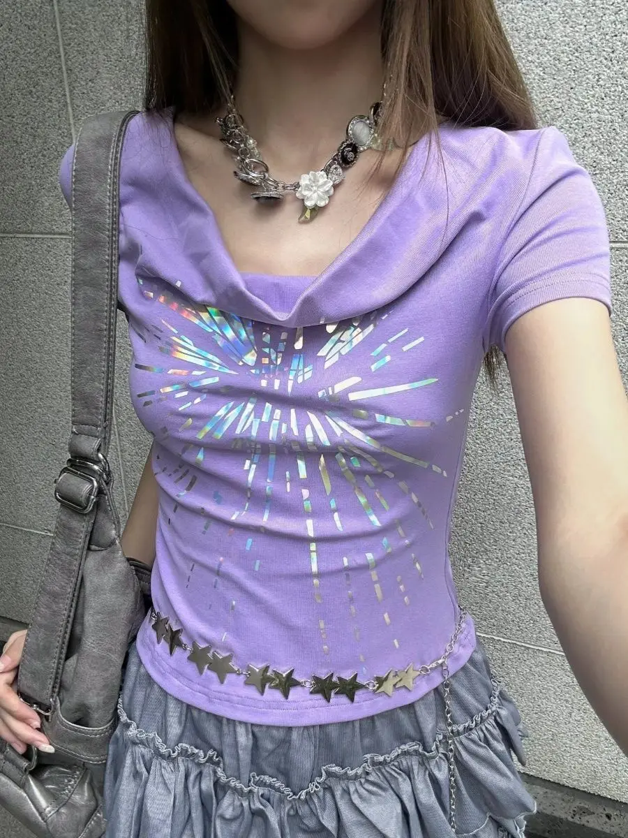 

crop top kawaii kawaii clothes Summer short tops waisted swing collar short sleeve t-shirt for women