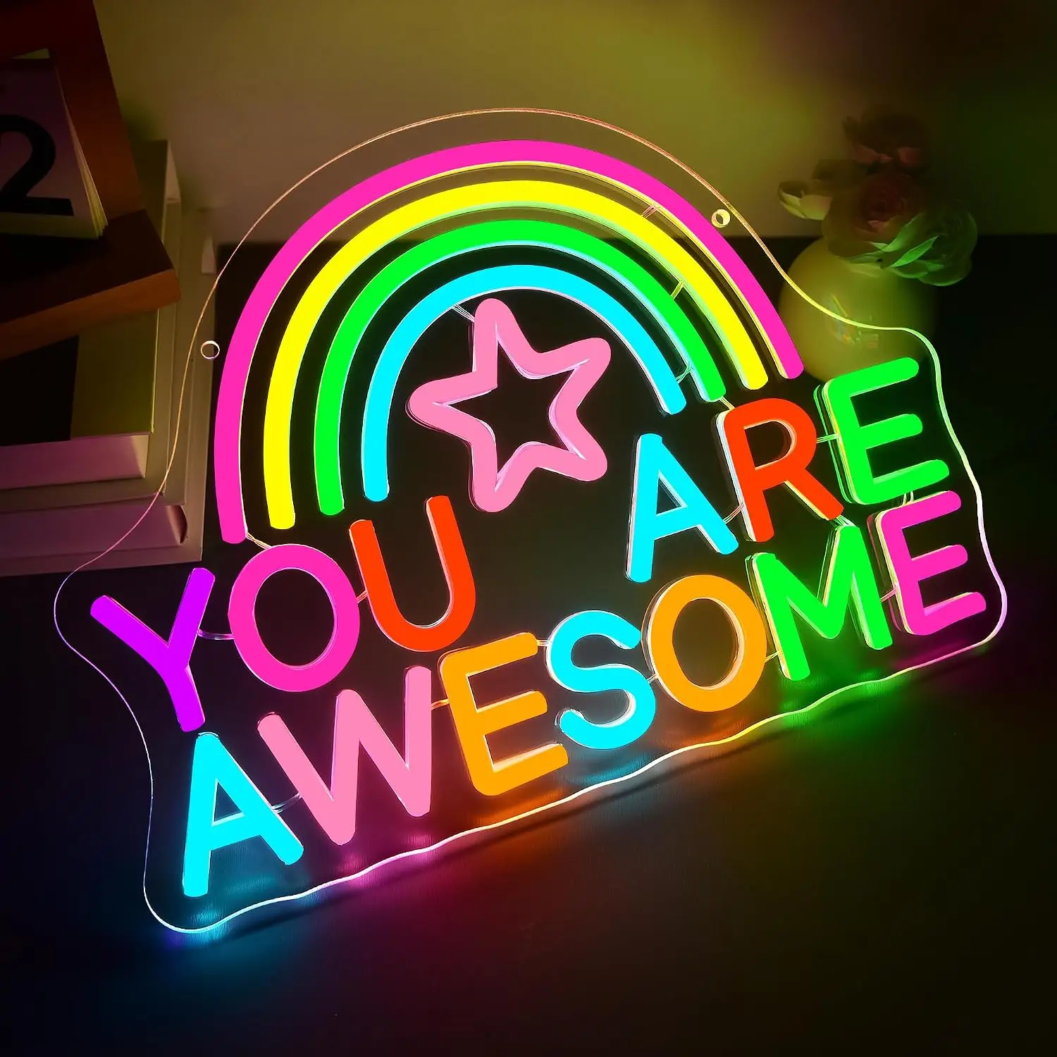 You Are Awesome LED Neon Sign Rainbow Star USB Powered Neon Light Wall Decor for Kids Bedroom Party Art Night Lamp Gift