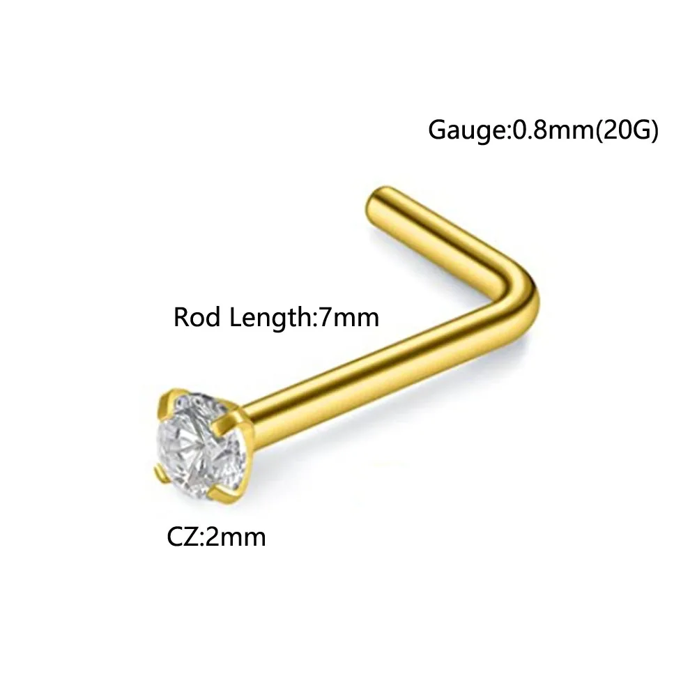 20G Nose Studs Golden 316L Stainless Steel L Shape Bone Diamond Round Corkscrew Nose Ring Nostril Piercing Jewelry For Women Men